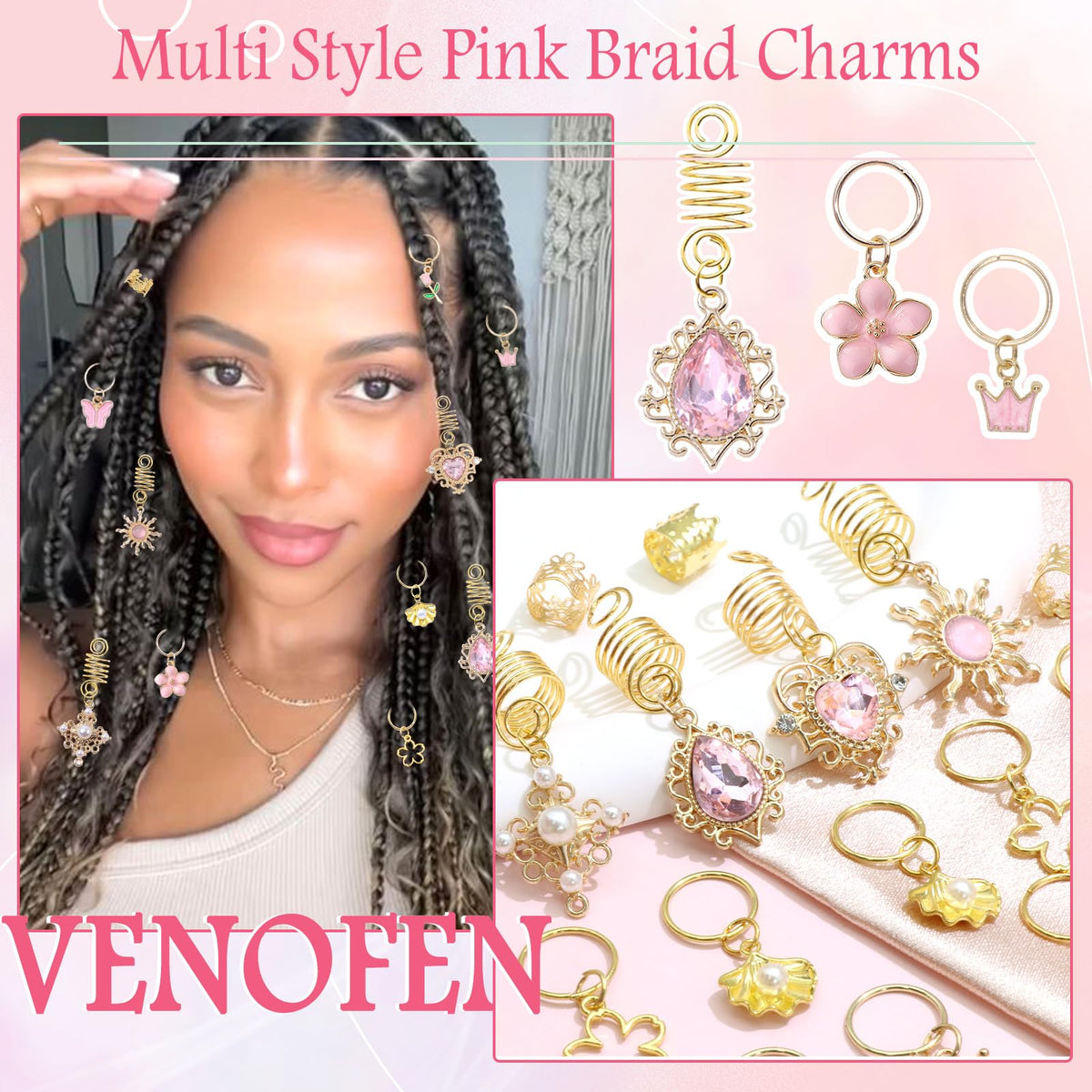 VENOFEN charms in use on braided hairstyle for decorative lift