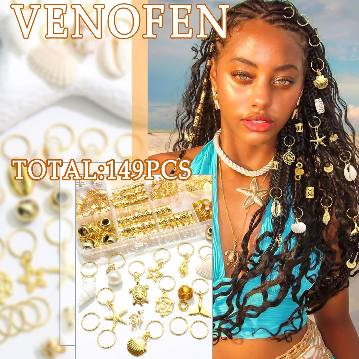 VENOFEN close-up of natural shell charms highlighting texture and shine