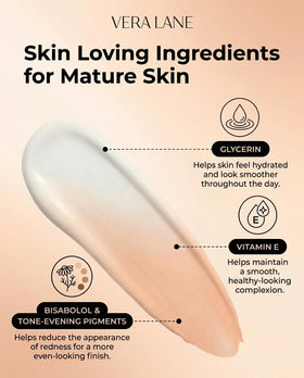 Vera Lane foundation arm swatch demonstrating color-adapting benefit on fair-medium skin