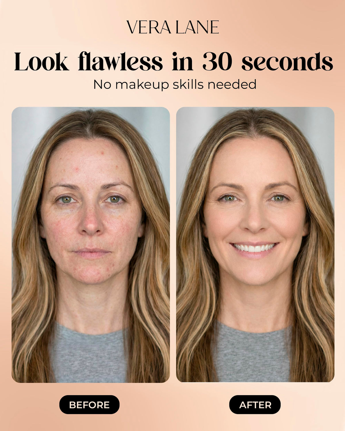 Vera Lane foundation packaging box with ingredient callouts for skincare-makeup benefits
