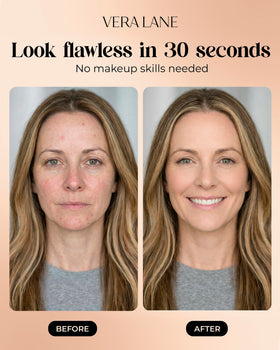 Vera Lane foundation packaging box with ingredient callouts for skincare-makeup benefits