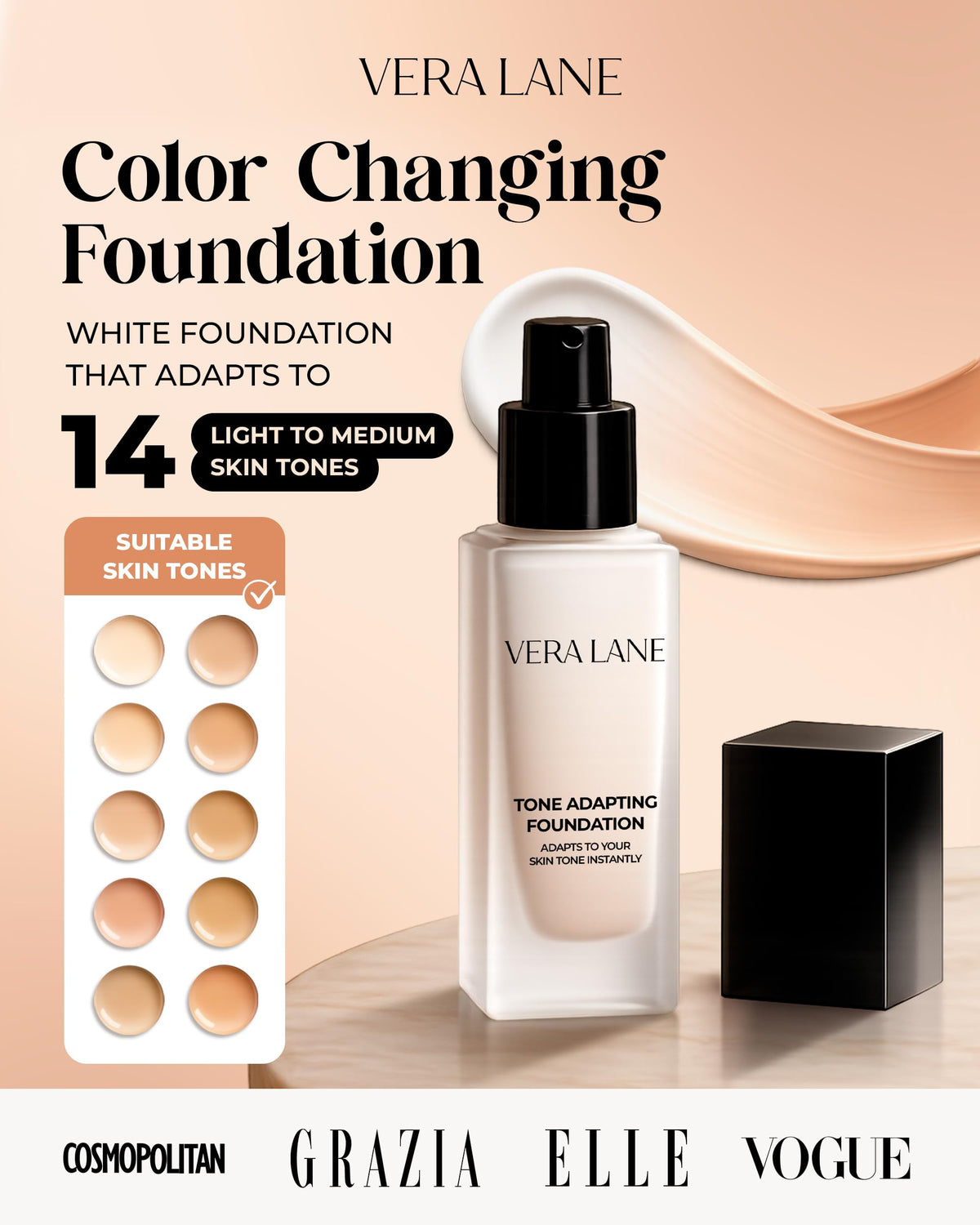Vera Lane foundation creamy texture close-up highlighting smooth satin finish benefit