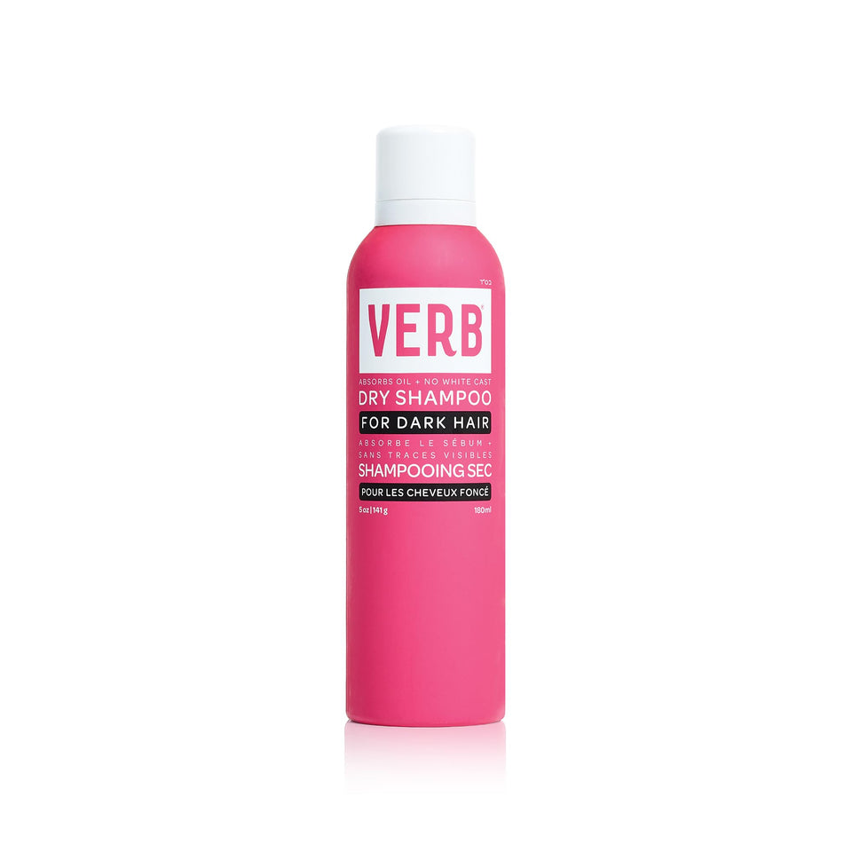 VERB bottle front view showing dark dry shampoo packaging and clear labeling benefits