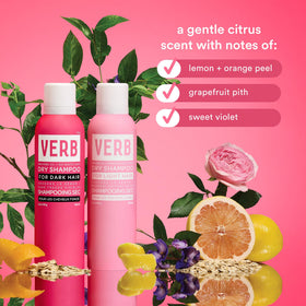 VERB side-by-side before and after on dark hair, boosts volume and removes shine