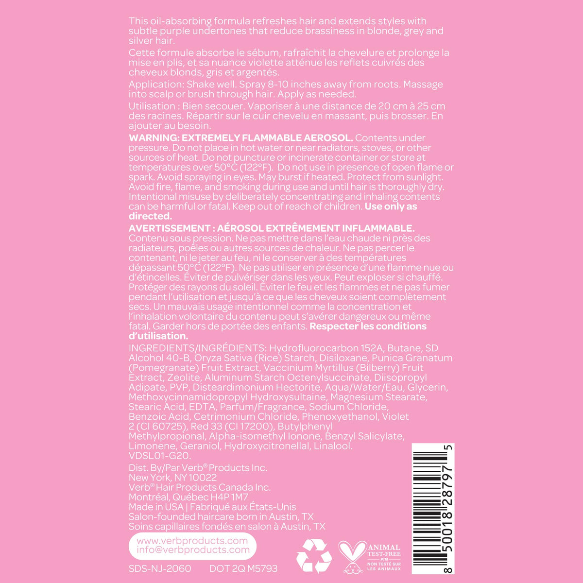 VERB dry shampoo light held in hand to show 5 oz size for travel convenience