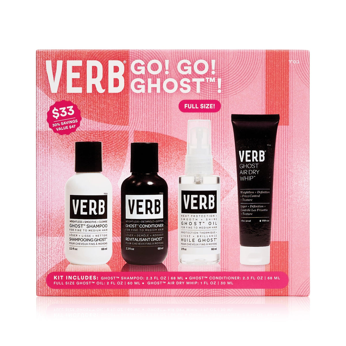 VERB kit front packaging showing four travel-size bottles for easy travel and sampling