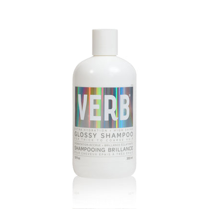 VERB front packaging showing glossy shampoo bottle and clean design benefit shine