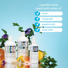 VERB label close-up highlighting ingredients and pump for easy use benefit
