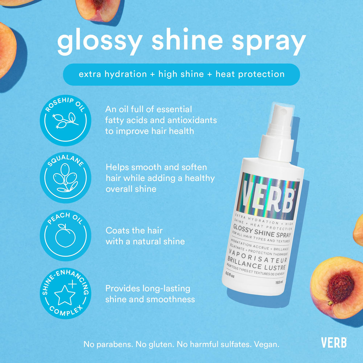 VERB ingredient flatlay with peach and rosehip oils for nourishment and shine