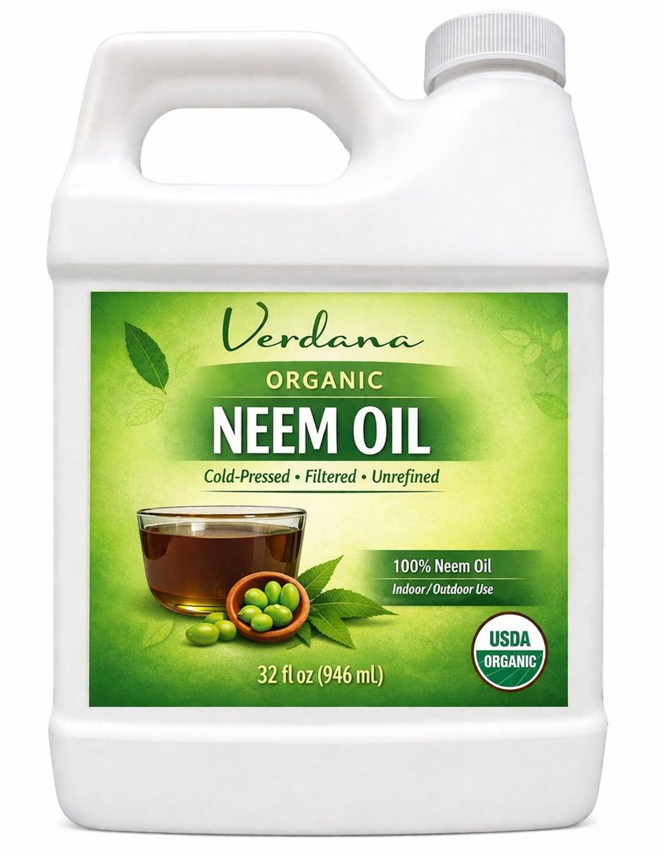 Verdana front packaging 32 oz showing pure neem oil and organic certification benefit