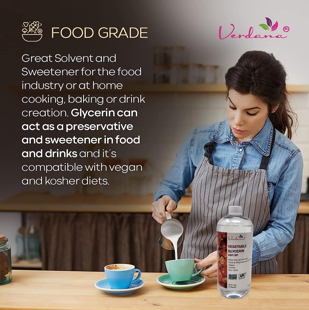 Verdana label and ingredients detail showing USP food-grade certification