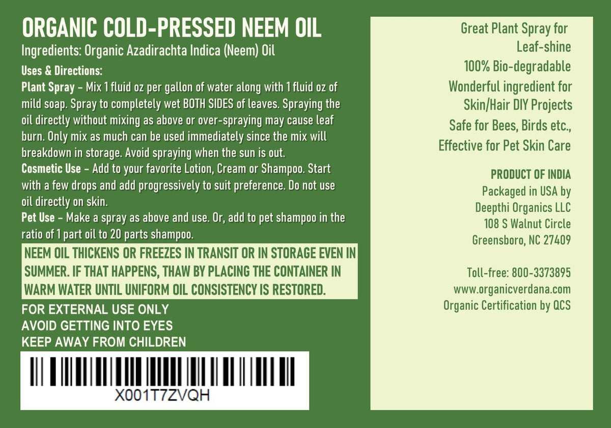 Verdana neem oil label detail highlighting cold-pressed and unrefined benefits