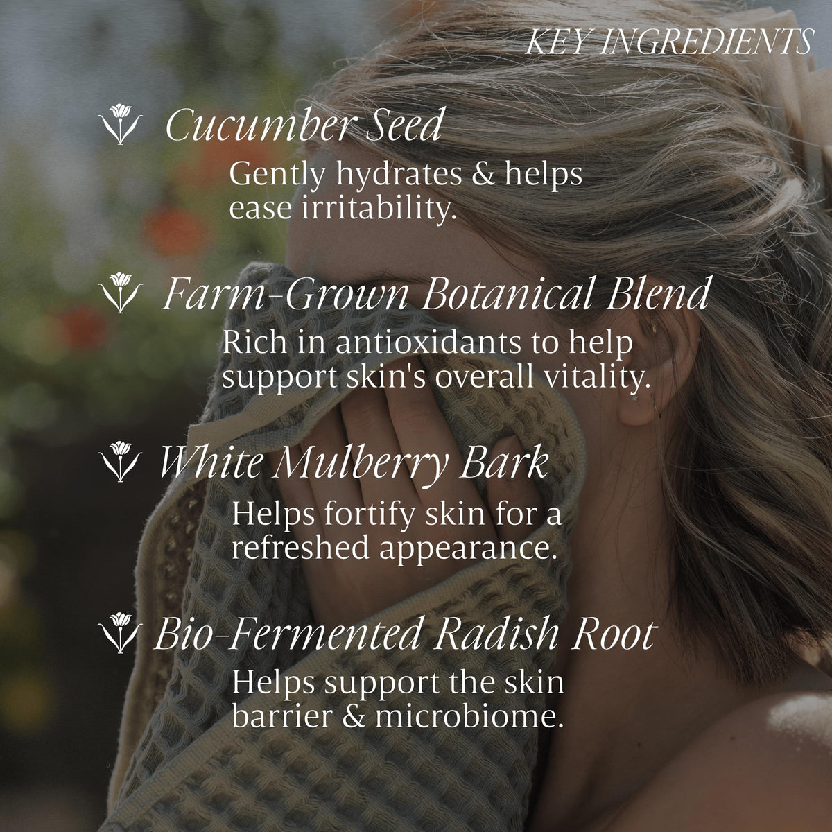 Verli in bathroom routine setting displaying calm, hydrated skin result