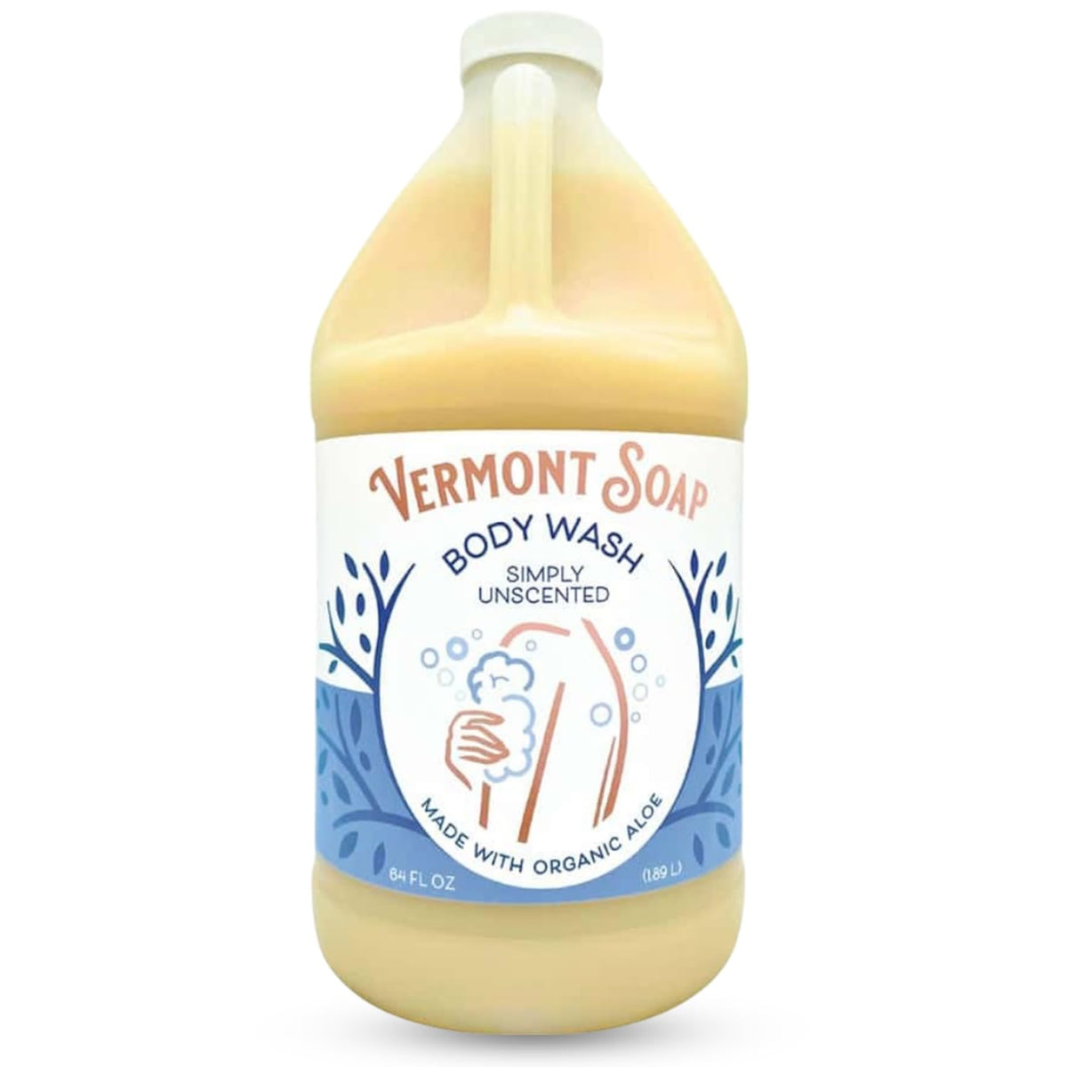 VERMONT SOAP front packaging 64oz shows bulk unscented body wash benefit economy