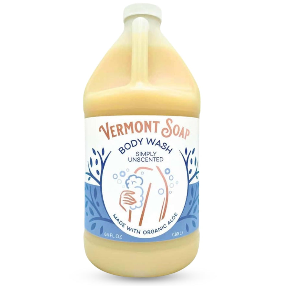 VERMONT SOAP front packaging 64oz shows bulk unscented body wash benefit economy