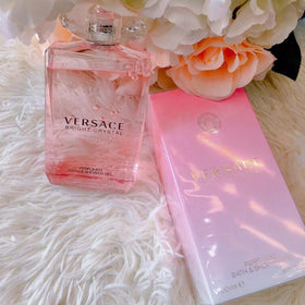 Versace Bright Crystal bottle label detail showing brand name and luxury finish
