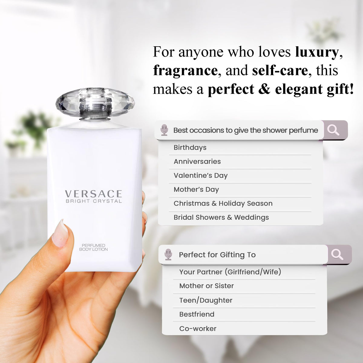 Versace Bright Crystal in bathroom scene, lifestyle use for post-shower moisturising ritual