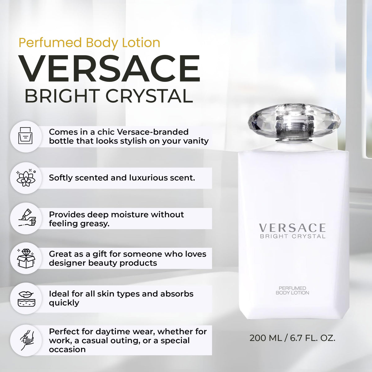 Versace Bright Crystal lotion texture on palm, lightweight hydration and smooth spread