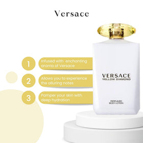 Versace Yellow Diamond lotion in hand during application showing smooth spread and nourished skin benefit