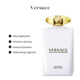 Versace Yellow Diamond lotion texture close-up demonstrating silky finish and fast absorption benefit