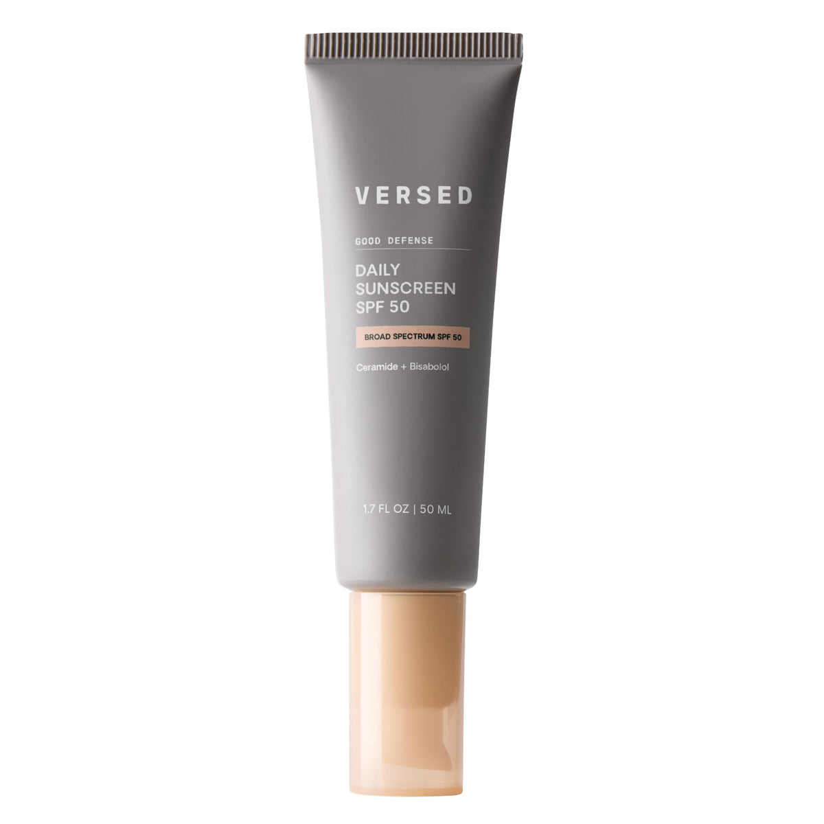 Versed front packaging showing SPF 50 and lightweight protection benefits