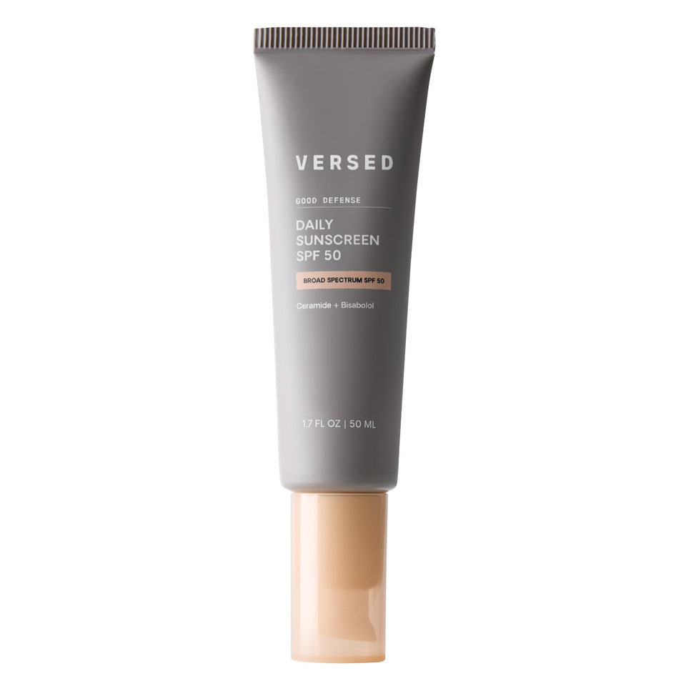 Versed front packaging showing SPF 50 and lightweight protection benefits