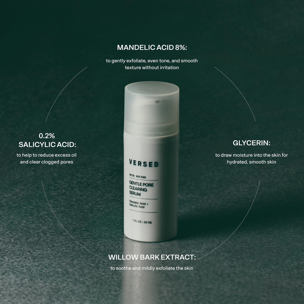 Versed ingredient label detail emphasizing mandelic and salicylic acid blend