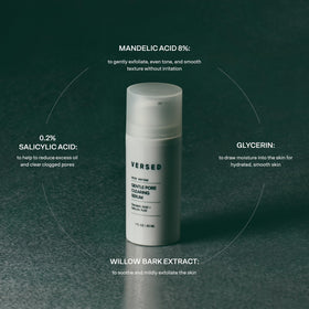 Versed ingredient label detail emphasizing mandelic and salicylic acid blend
