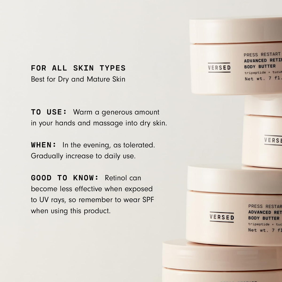 Versed applying body butter on arm to smooth texture and hydrate