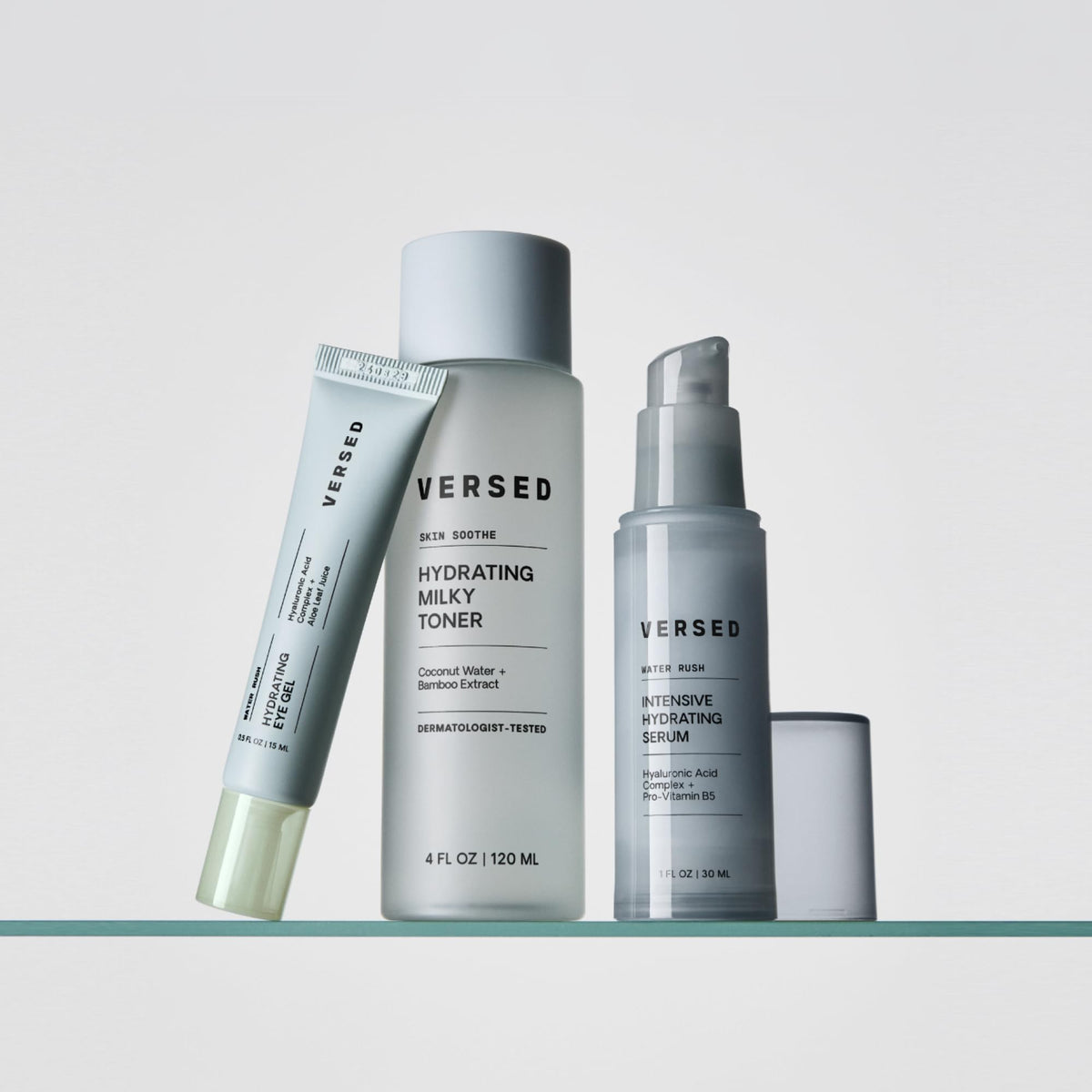 Versed Water Rush on bathroom shelf in lifestyle scene conveying daily routine benefit