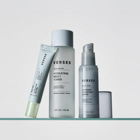 Versed Water Rush on bathroom shelf in lifestyle scene conveying daily routine benefit