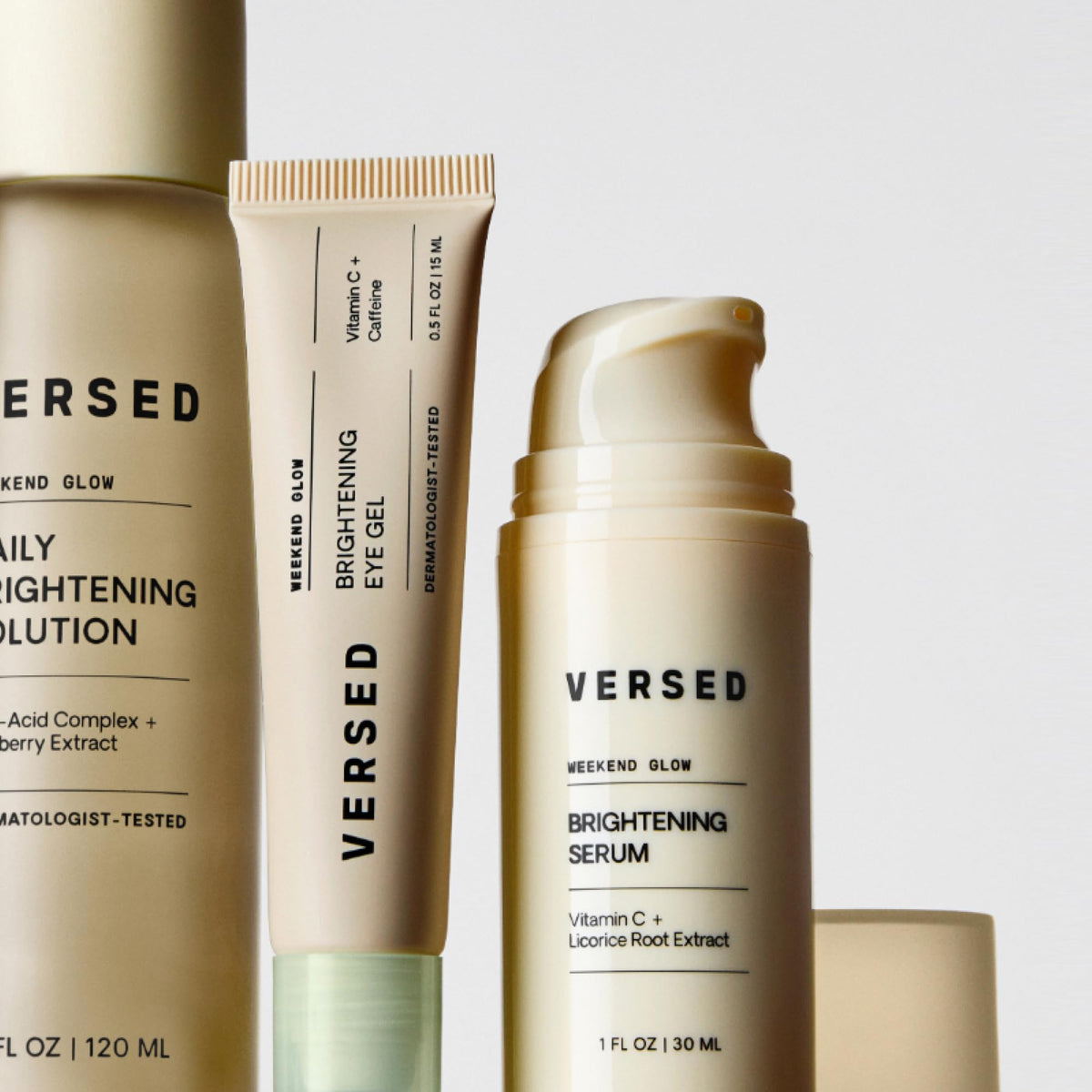 Versed being applied under eye demonstrating brightening effect and de-puffing