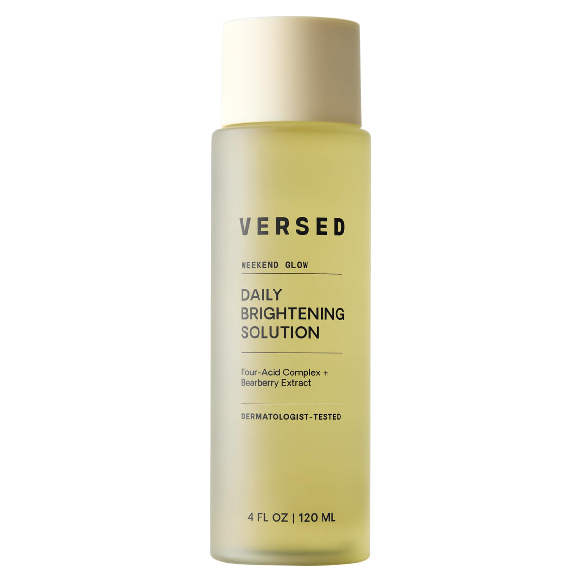 Versed Weekend Glow front packaging showing bottle and label for brightening benefits