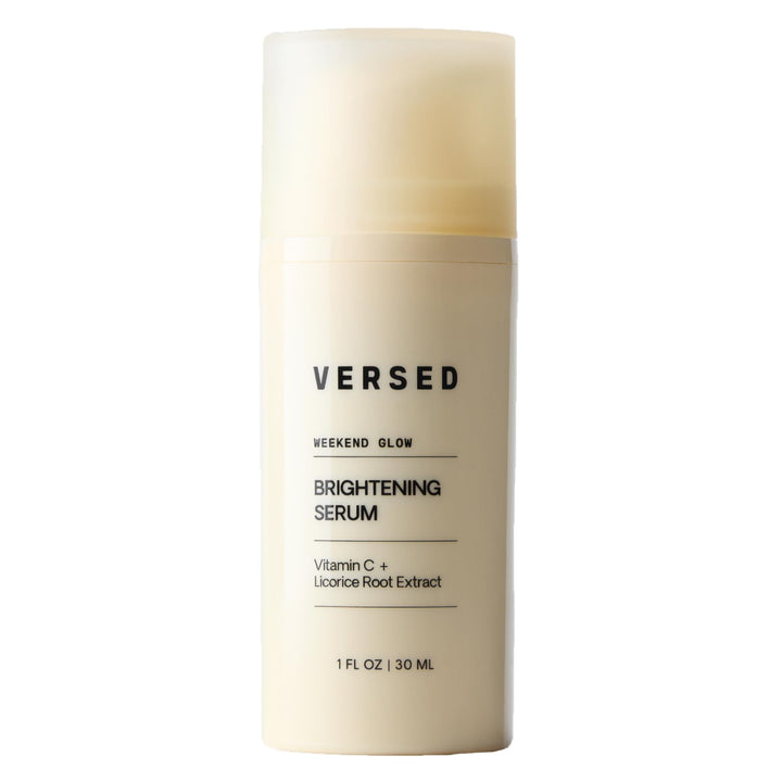 Versed Weekend Glow front bottle shot showing label and recycled packaging, conveys clean formula benefit