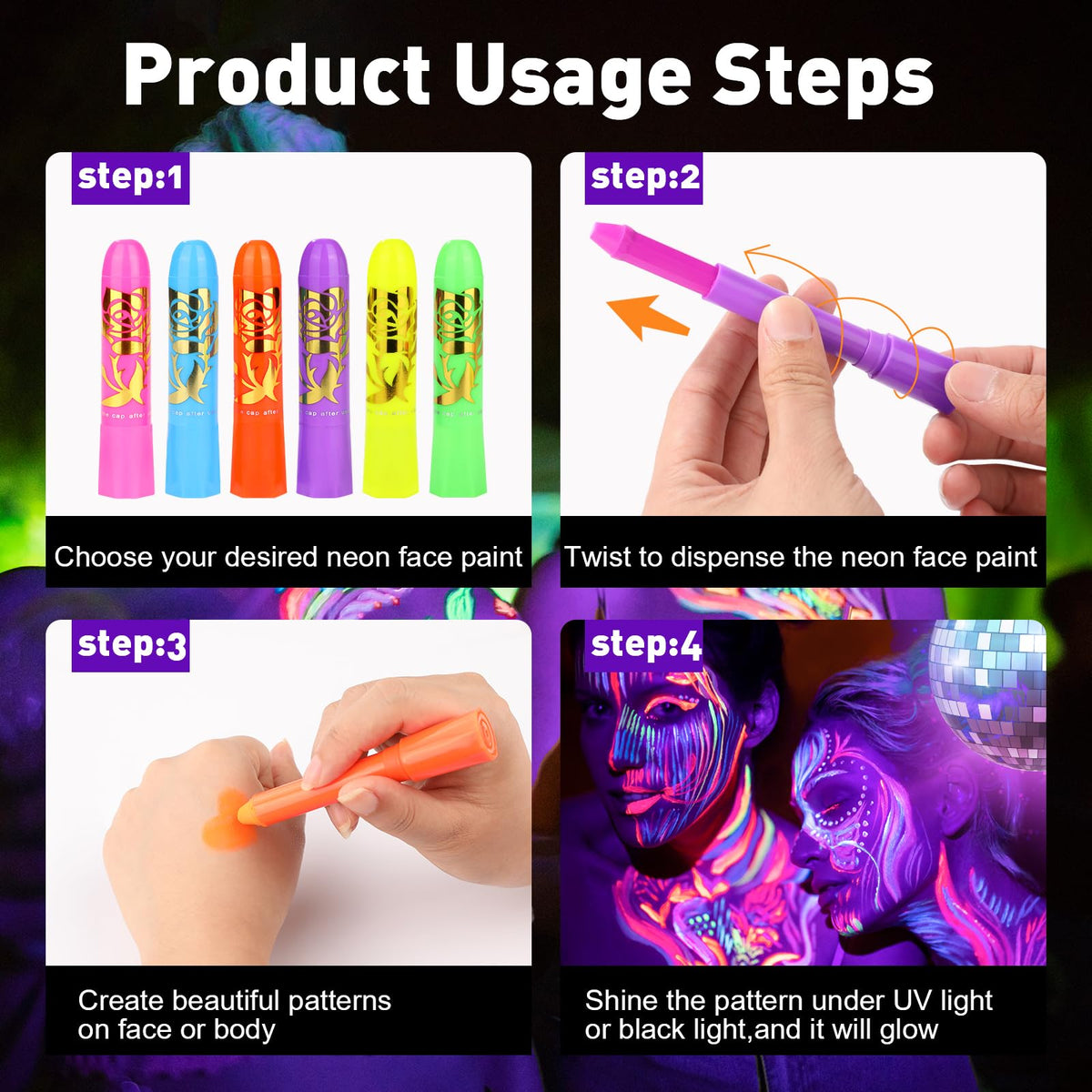 VESPRO model wearing glow paint under UV light demonstrating dramatic party effect