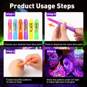 VESPRO model wearing glow paint under UV light demonstrating dramatic party effect