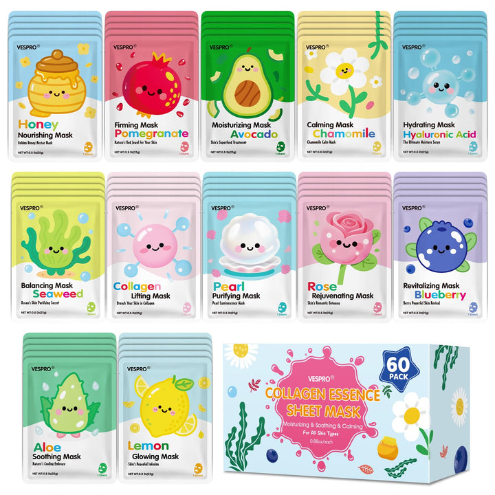 VESPRO front packaging showing 60-sheet mask variety and benefits