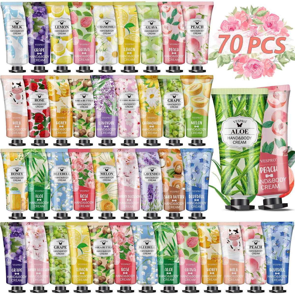 VESPRO front packaging showing 70 mini hand cream tubes and variety benefit