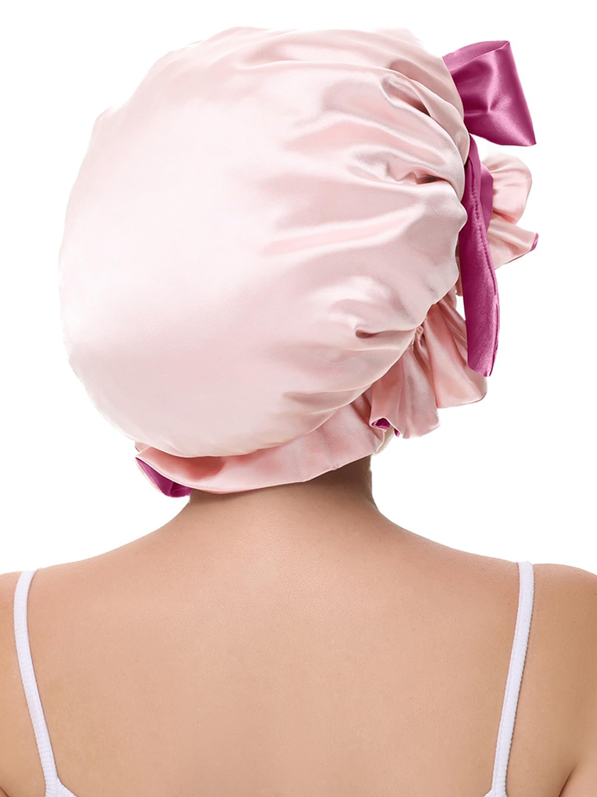 Model wearing Vettres bonnet on curly hair demonstrating overnight protection