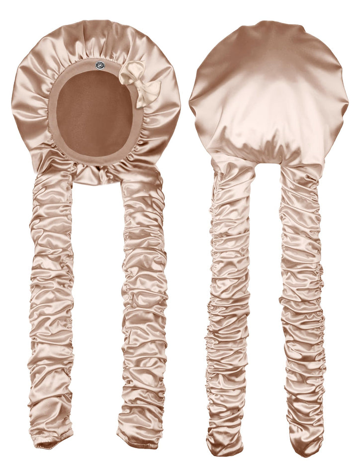 Vettres front view beige bonnet showing roomy fit and secure band benefit: no-slip protection