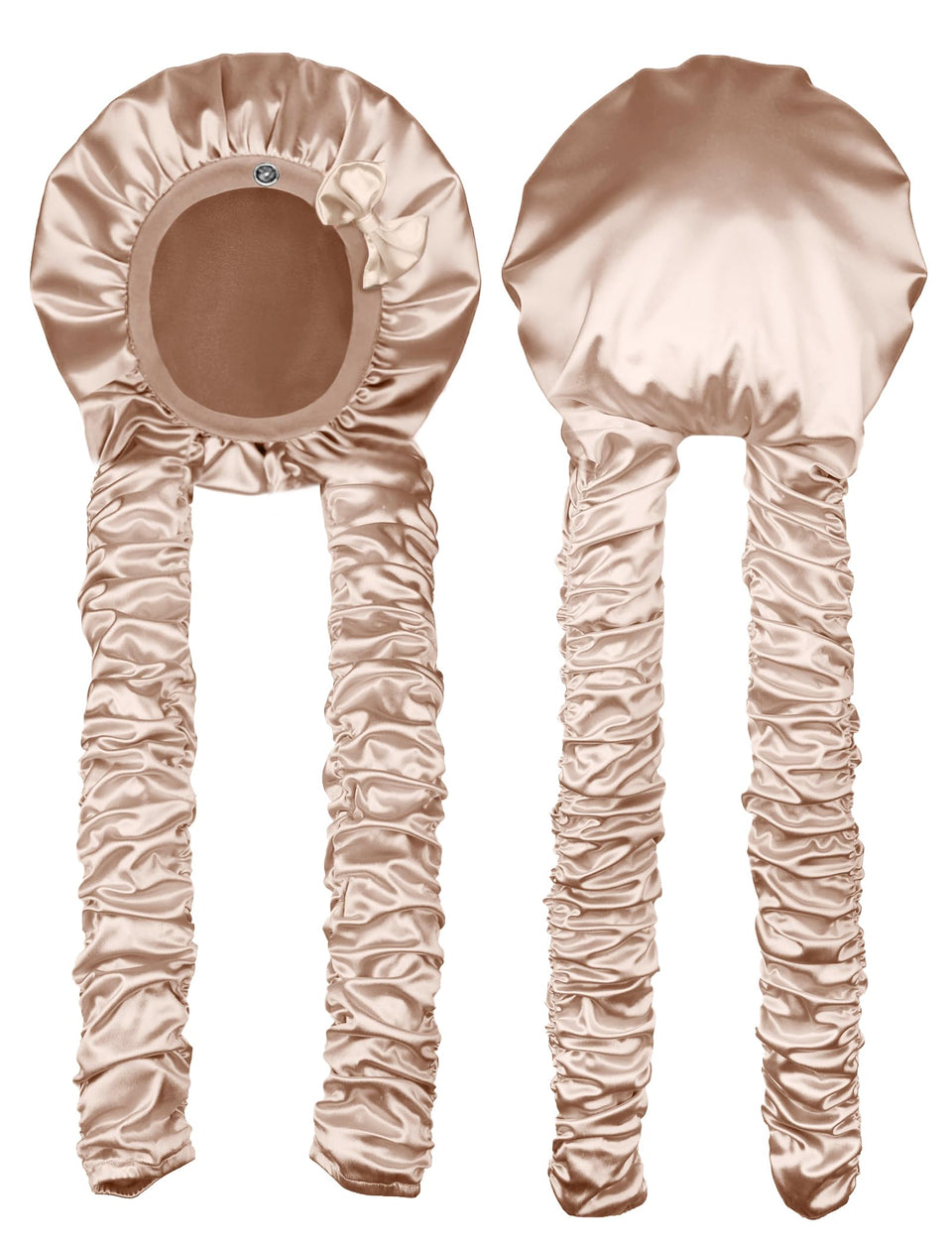 Vettres front view beige bonnet showing roomy fit and secure band benefit: no-slip protection