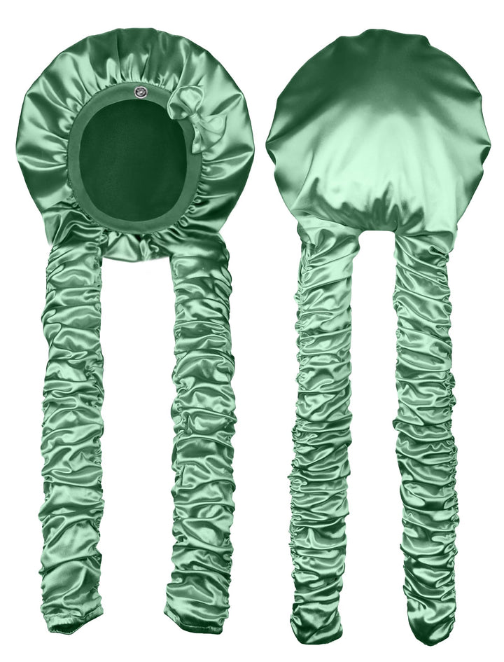 Vettres front view of green satin bonnet shows fit and secure band benefit