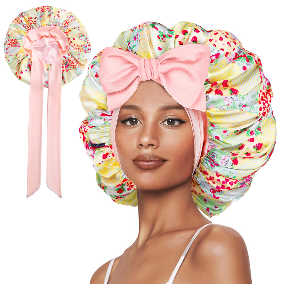 Vettres bonnet front view showing strawberry patchwork and stylish protection