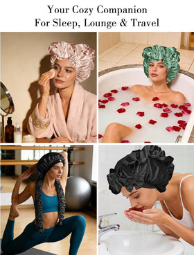 Vettres bonnet in bedside scene showing sleep use benefit: protects hair overnight