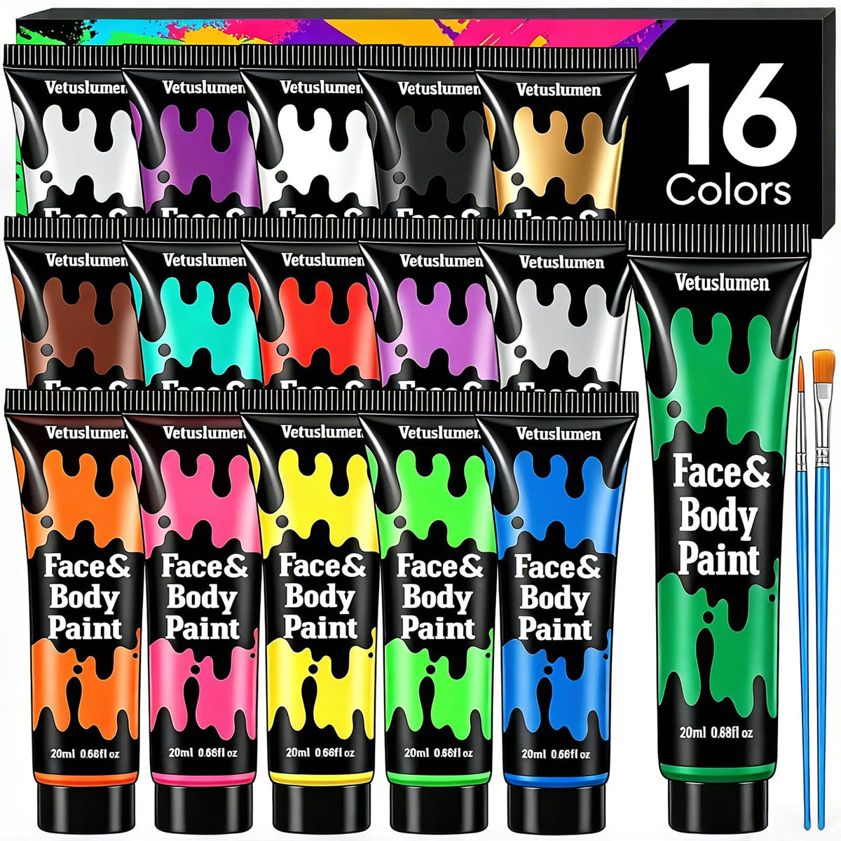 Vetuslumen front packaging showing full 16-color set and included brushes for quick selection