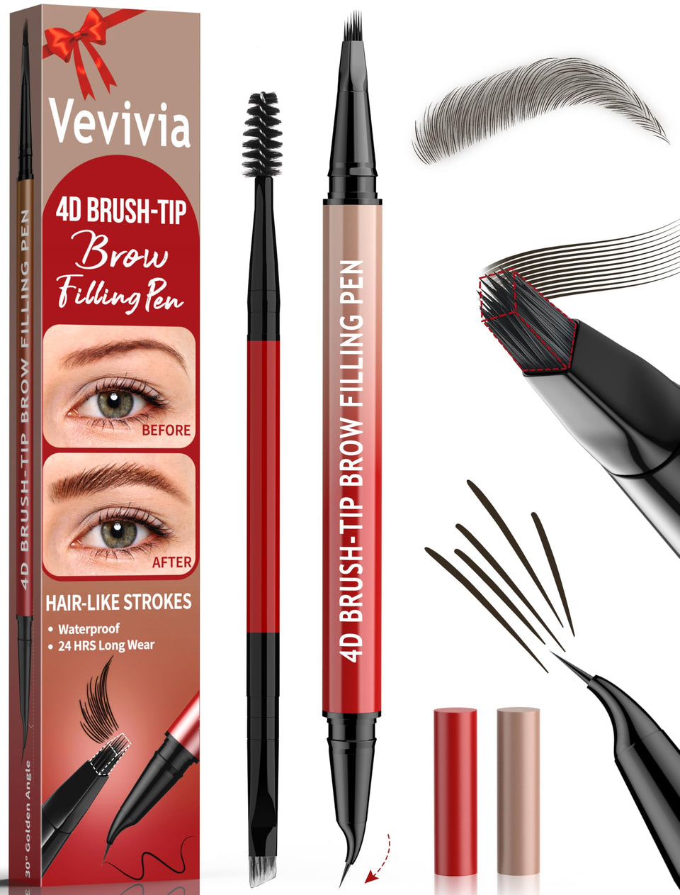 Vevivia Lighting brow pencil front packaging shows product and shade, clear benefit