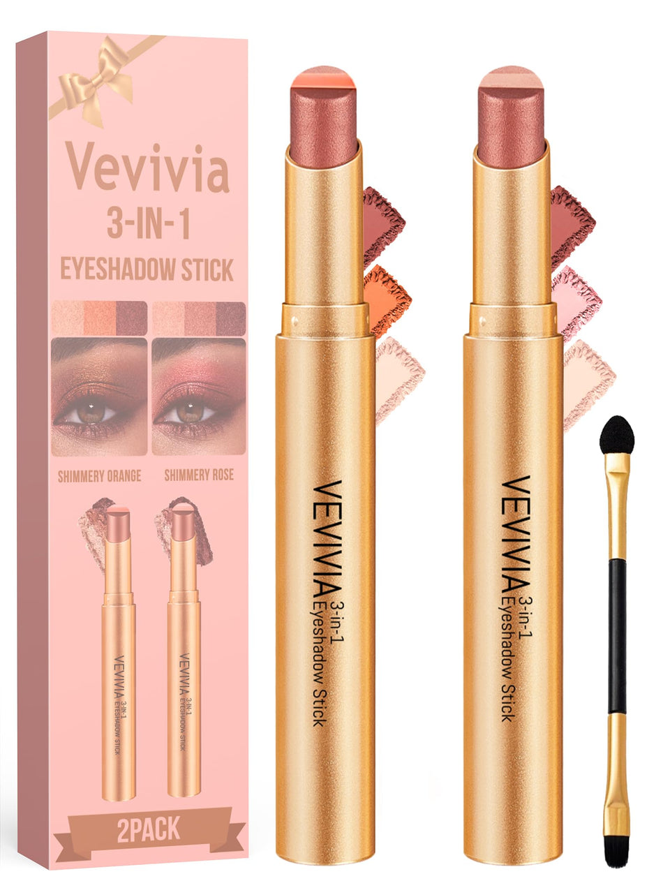 Vevivia front packaging showing both shimmer rose and shimmer orange duo, travel-ready convenience
