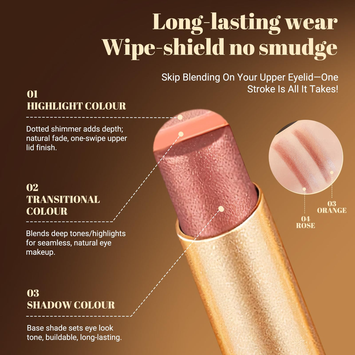 Vevivia applied on eyelid in shimmer orange shade giving warm, sunset-inspired intensity