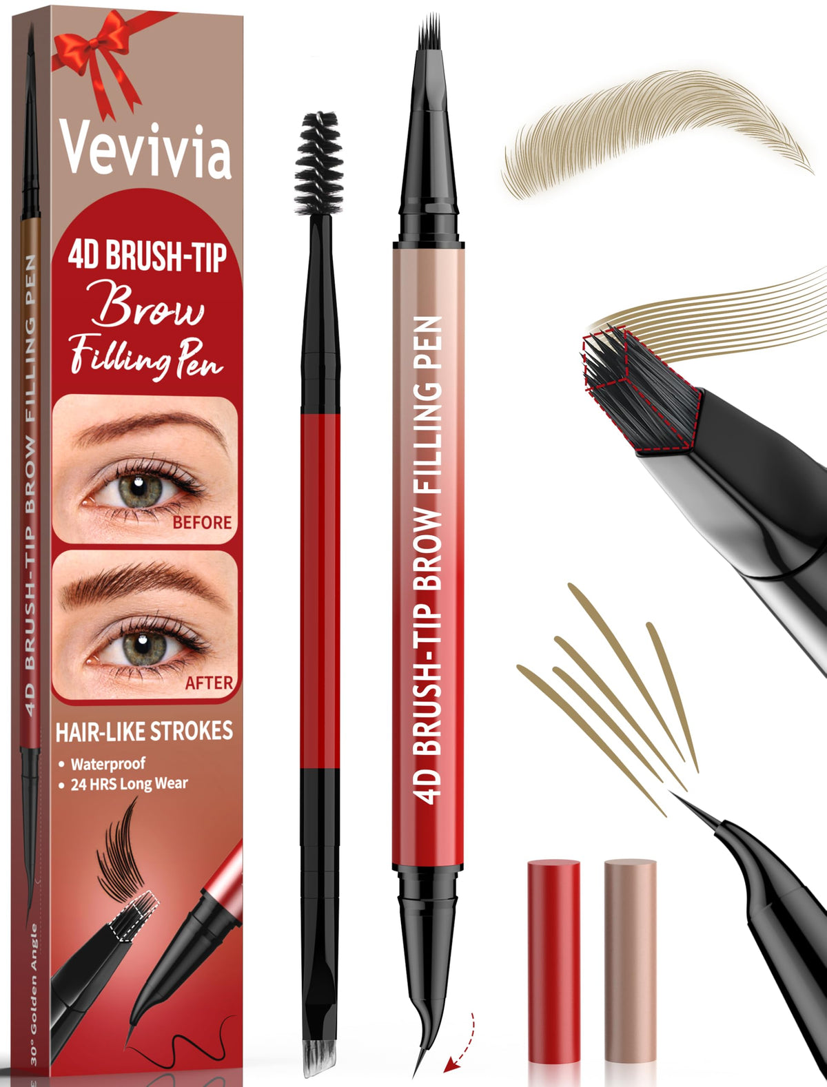 Vevivia front packaging showing compact eyebrow pen and cap for travel-ready convenience