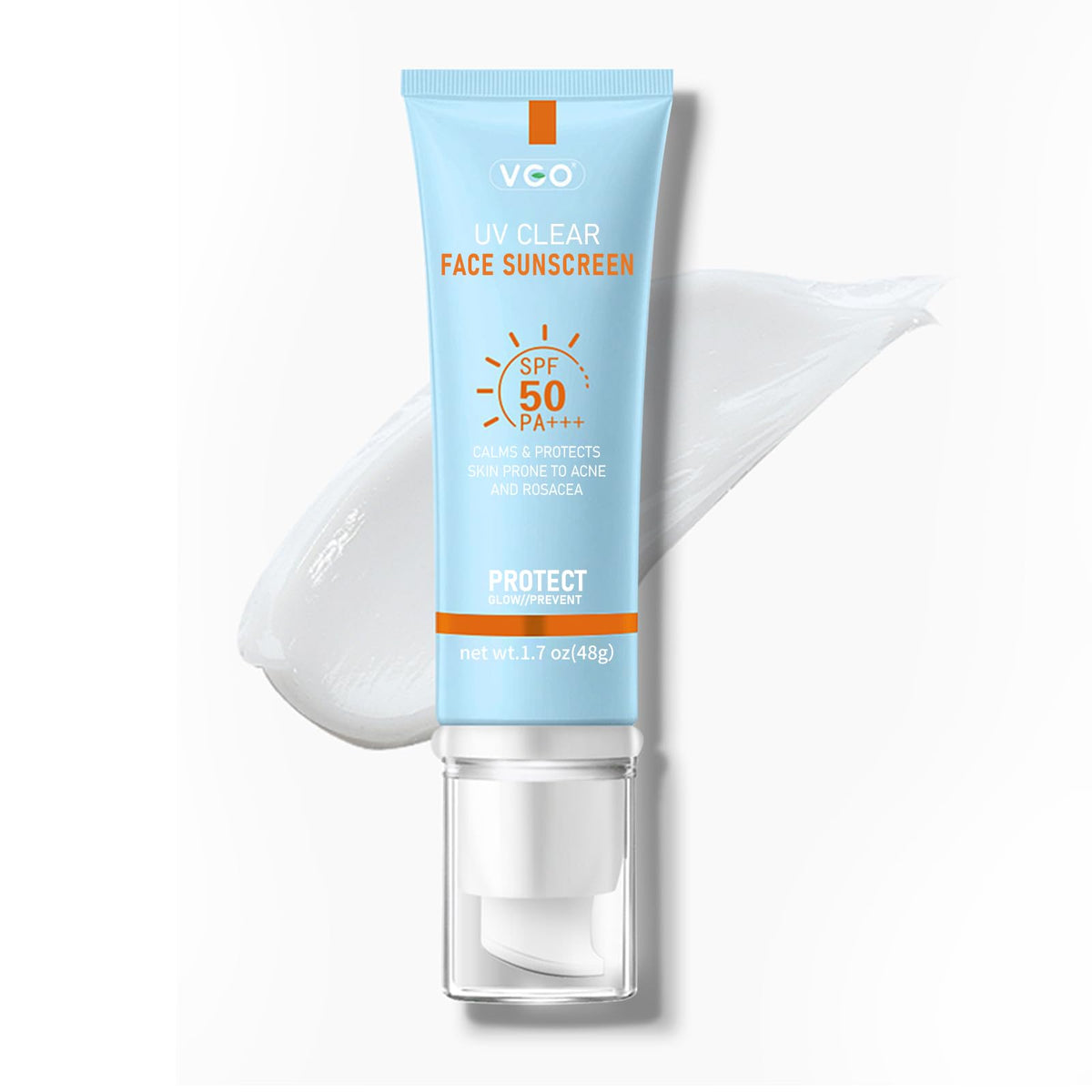 VGO clear sunscreen front packaging showing SPF 50 protection and travel size